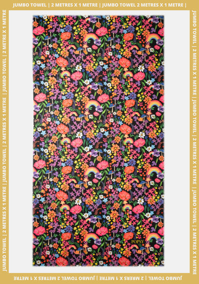 Garden Rainbow Print Black Jumbo Bath Sheet