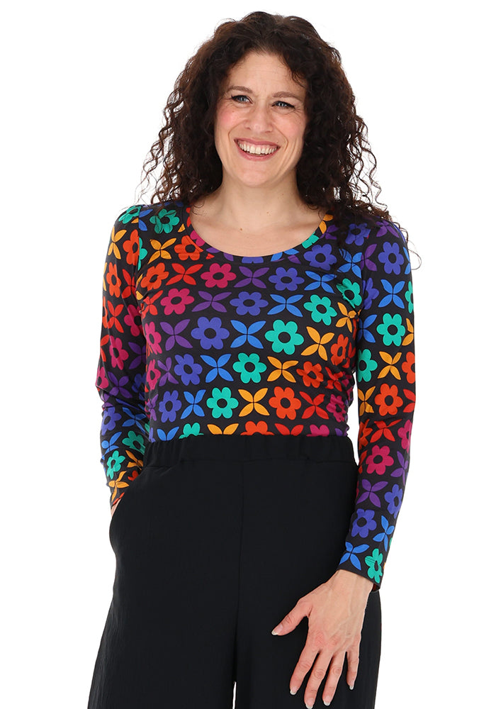 Jackee Retro Rainbow Floral Print Black Top
