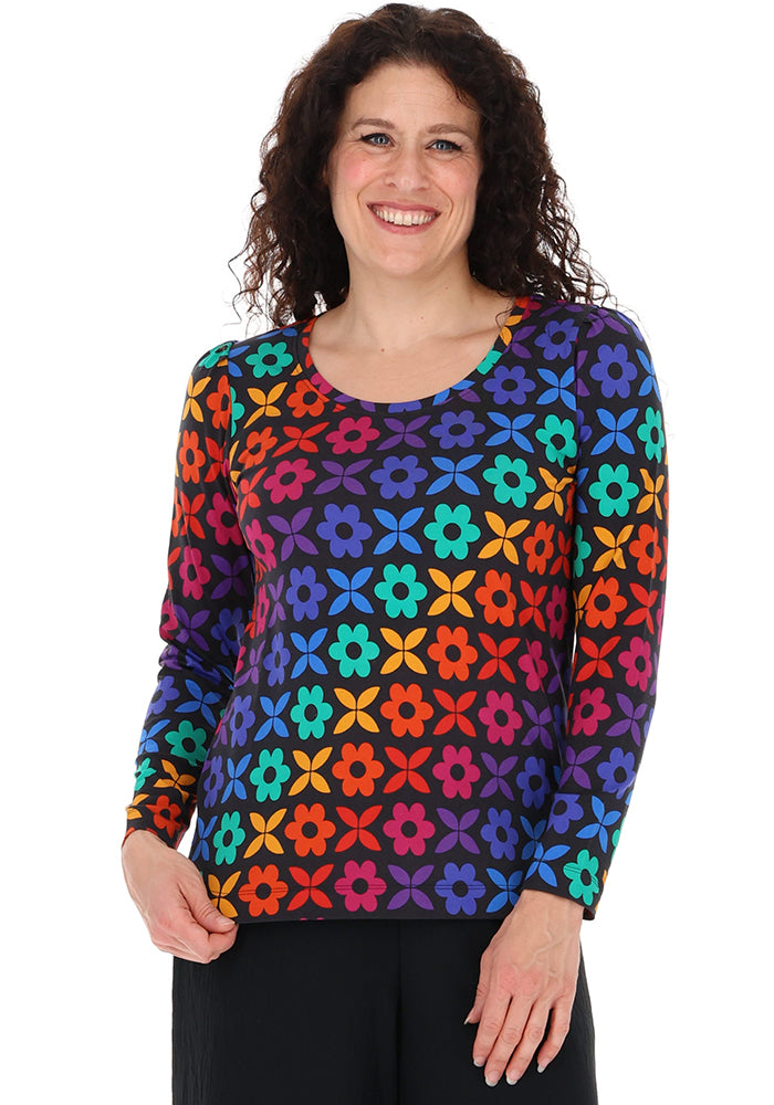 Jackee Retro Rainbow Floral Print Black Top