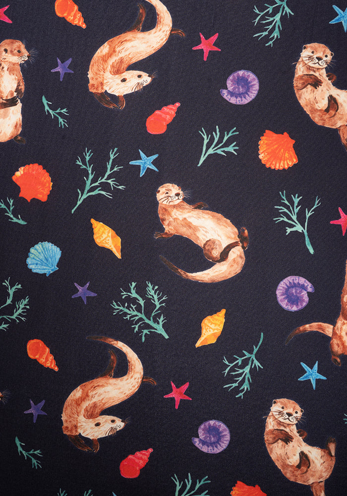 Second angle of Jaclyn Sea Otter Print Midi Dress, our jersey is a smooth, stretchy fabric known for its comfort and ease.