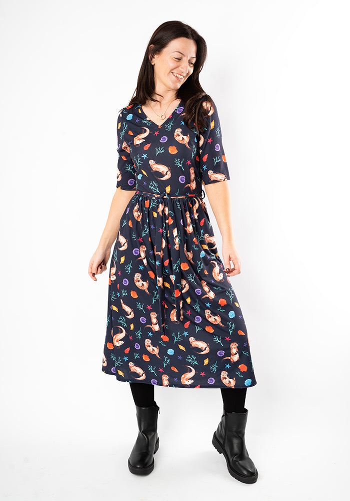 Front view of Jaclyn Sea Otter Print Midi Dress, our jersey is a smooth, stretchy fabric known for its comfort and ease.