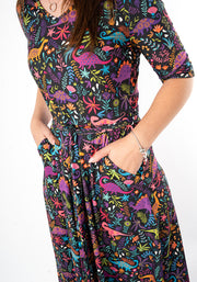 Jacque Dinosaur Print Midi Dress (Black)