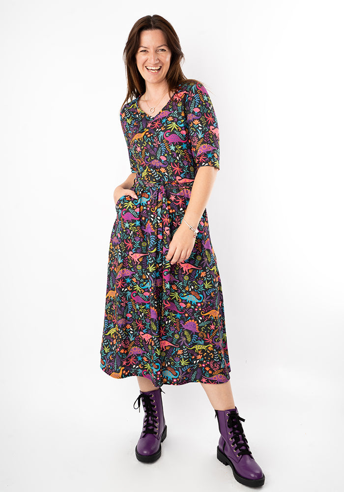 Third angle of Jacque Dinosaur Print Midi Dress (Black)