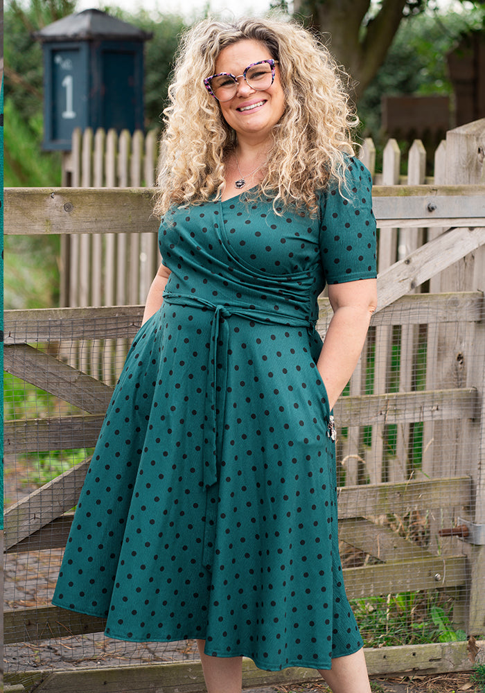 Front view of Jacqueline Polka Dot Print Swing Dress