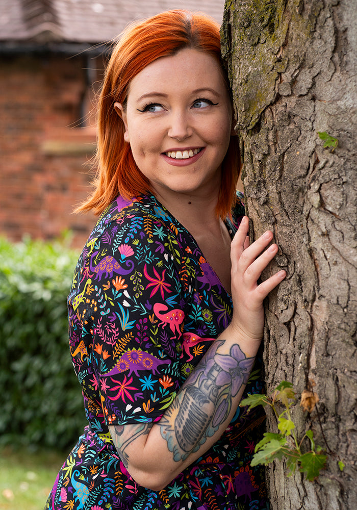 Jacque Dinosaur Print Midi Dress (Black)