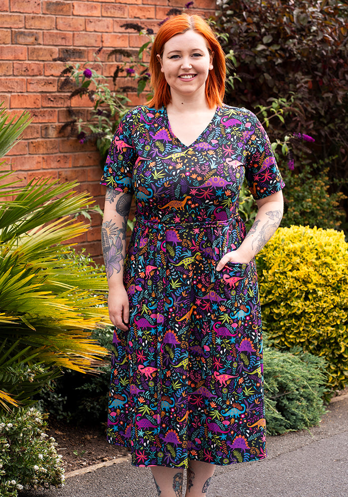Front view of Jacque Dinosaur Print Midi Dress (Black)