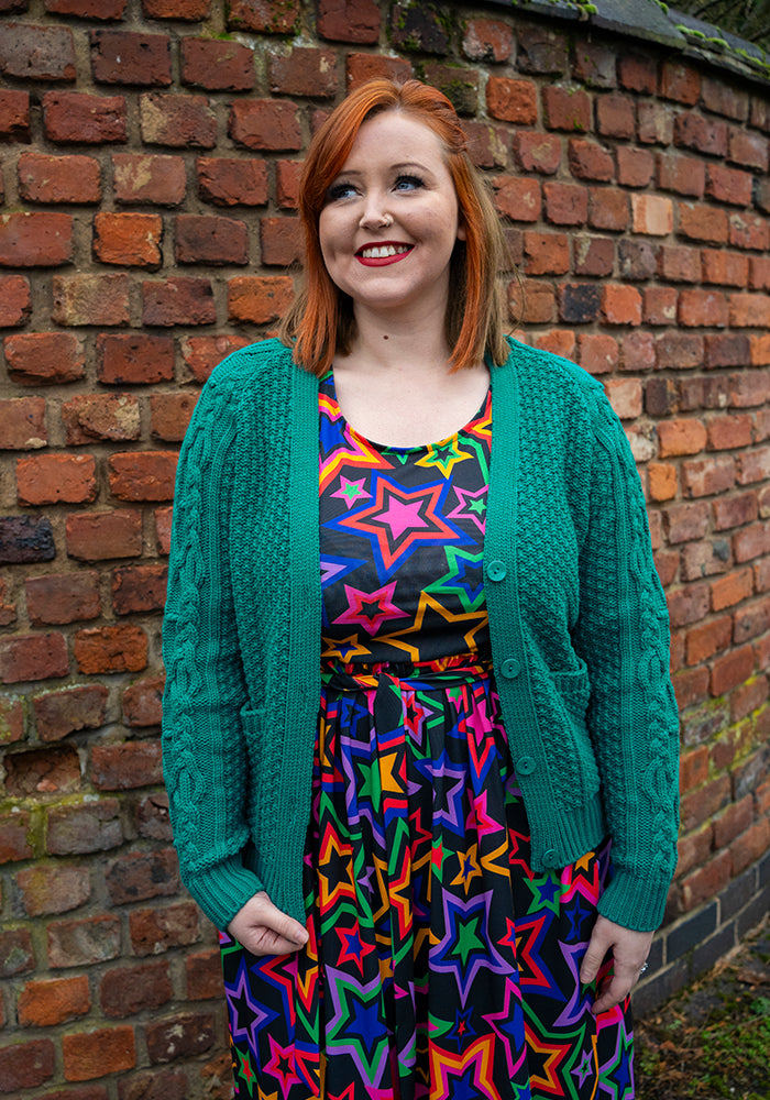 Front view of Dark Jade Moss Stitch Cardigan