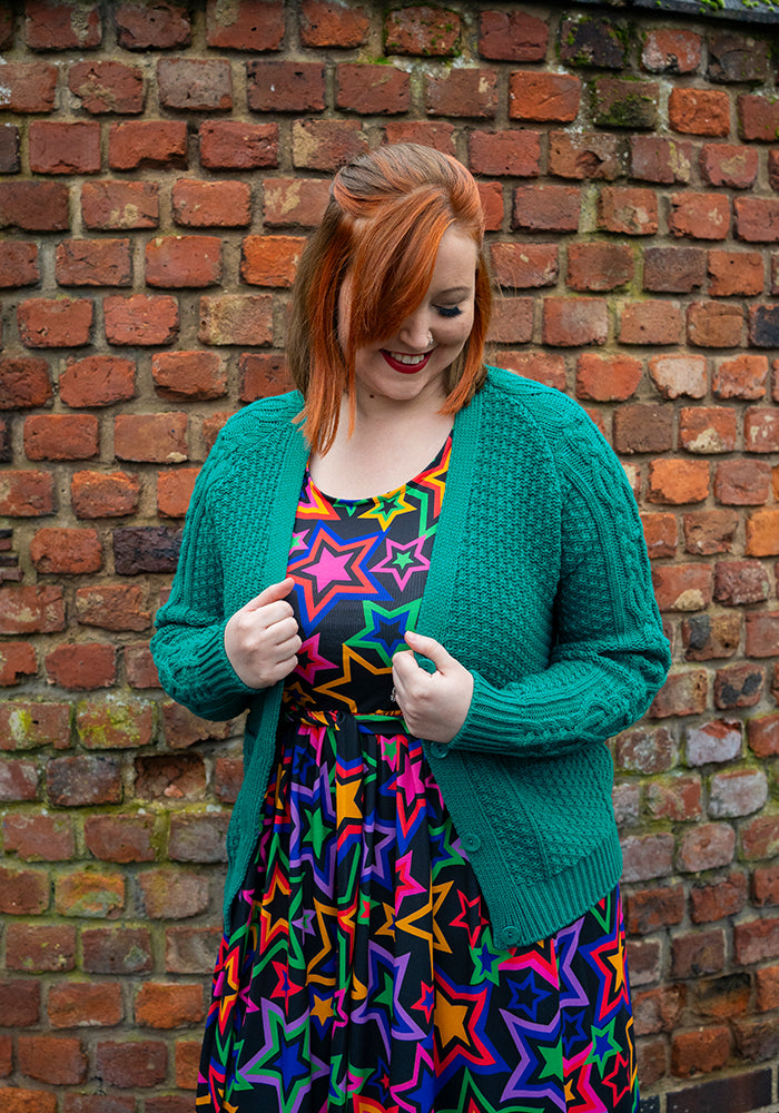 Third angle of Dark Jade Moss Stitch Cardigan