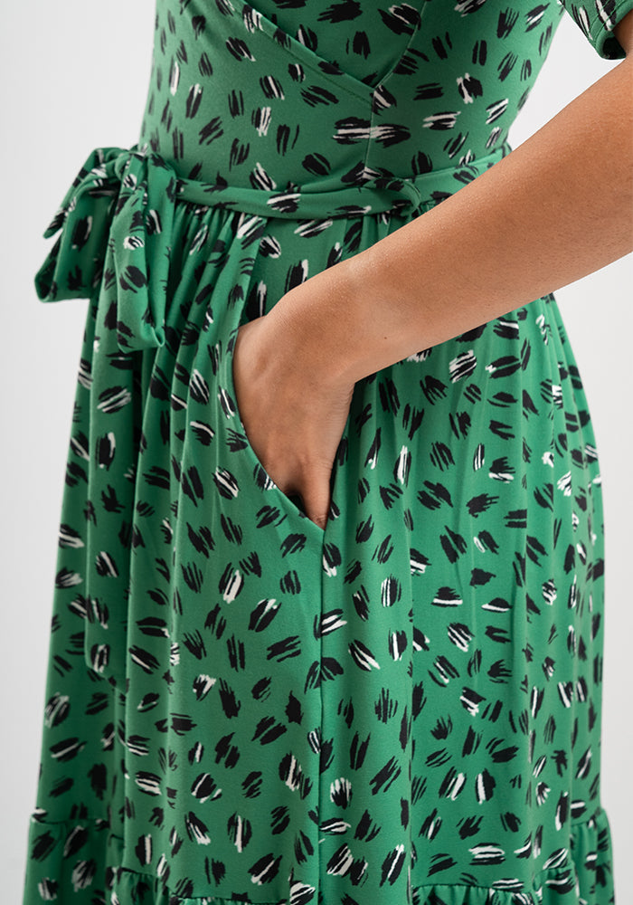 Jago Green Scribble Print Tiered Hem Midaxi Dress