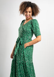 Jago Green Scribble Print Tiered Hem Midaxi Dress