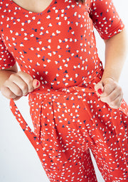 Jamille Red Ditsy Heart Print Cotton Culotte Leg Jumpsuit