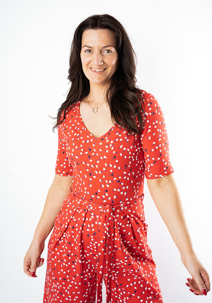 Fourth angle of Jamille Red Ditsy Heart Print Cotton Culotte Leg Jumpsuit