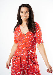 Jamille Red Ditsy Heart Print Cotton Culotte Leg Jumpsuit