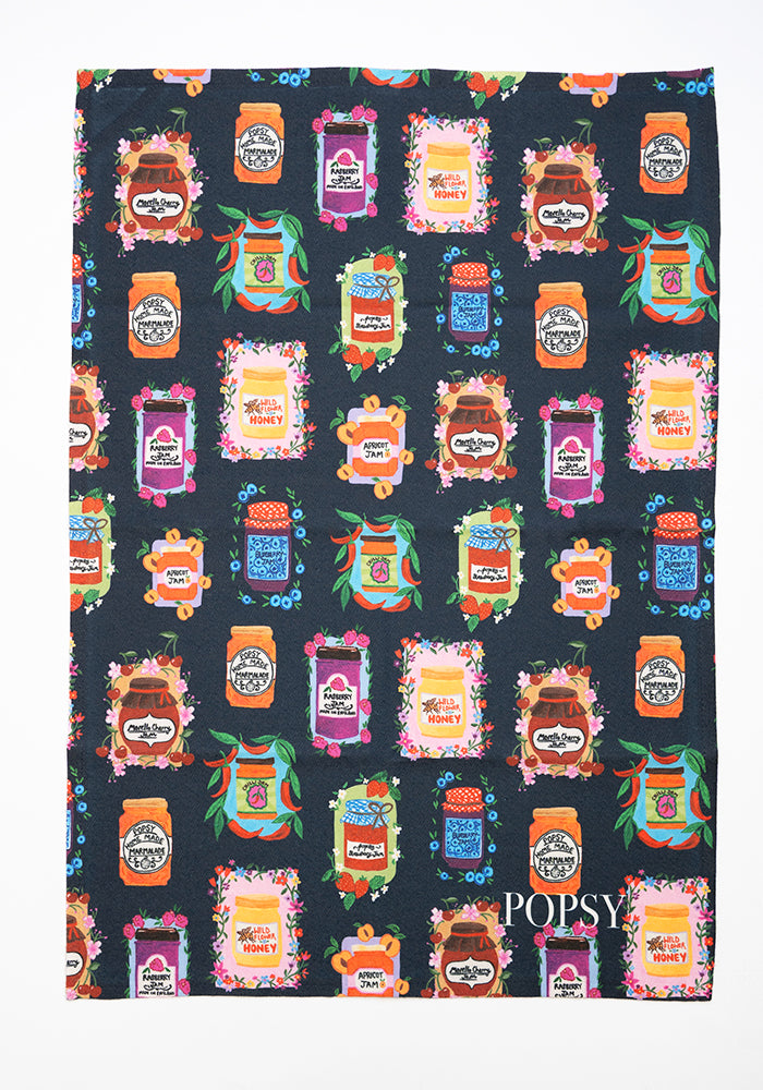 Front view of Jam &amp; Preserves Print Tea Towel