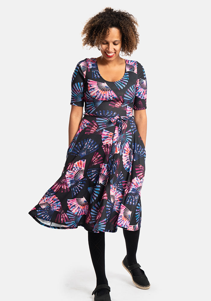 Jana Fan Print Vintage Swing Dress