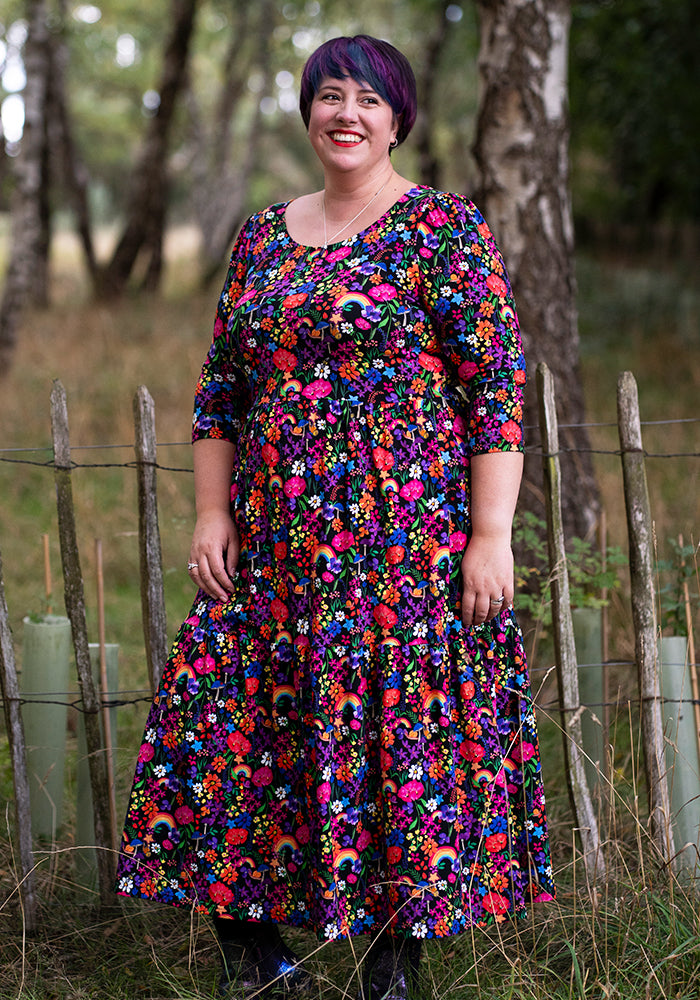 Front view of Janella Garden Rainbows Print Midaxi Dress