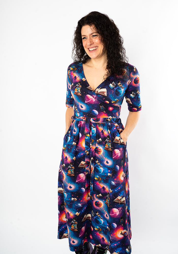 Eighth angle of Janelle Space Books Print Cotton Midi Dress