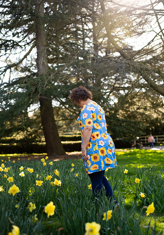 Janine Blue Sunflower Print Long Line Tunic