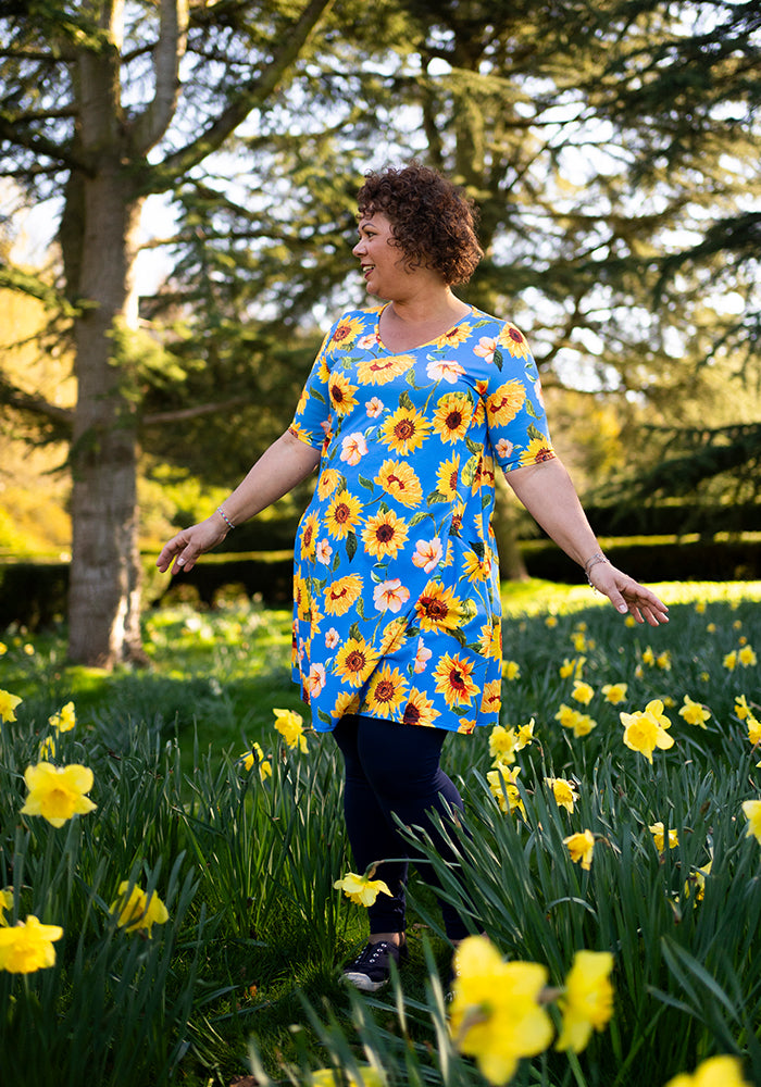 Front view of Janine Blue Sunflower Print Long Line Tunic