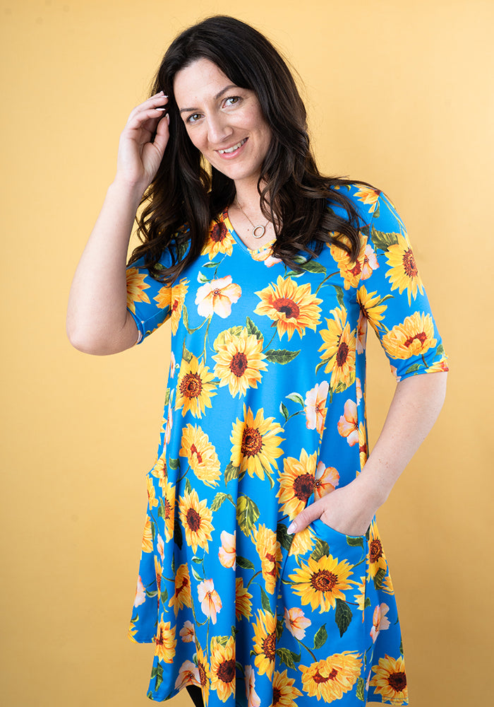 Sixth angle of Janine Blue Sunflower Print Long Line Tunic