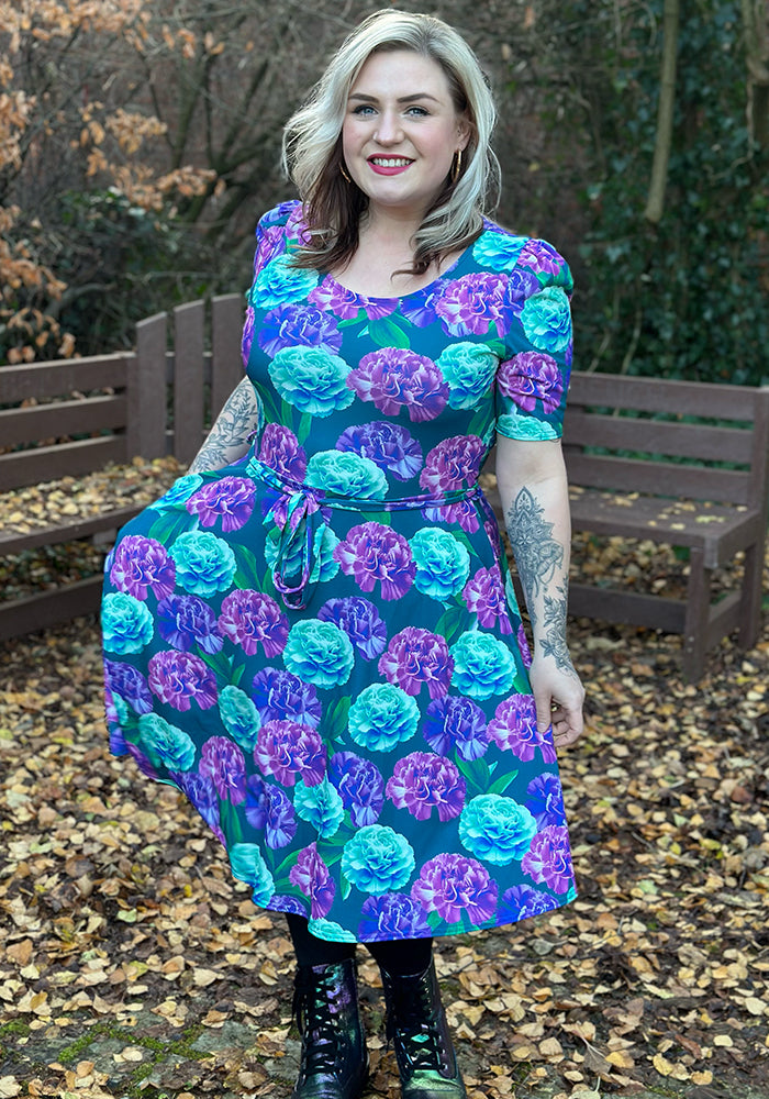 Front view of January Carnation Birth Flower Print Jersey Dress