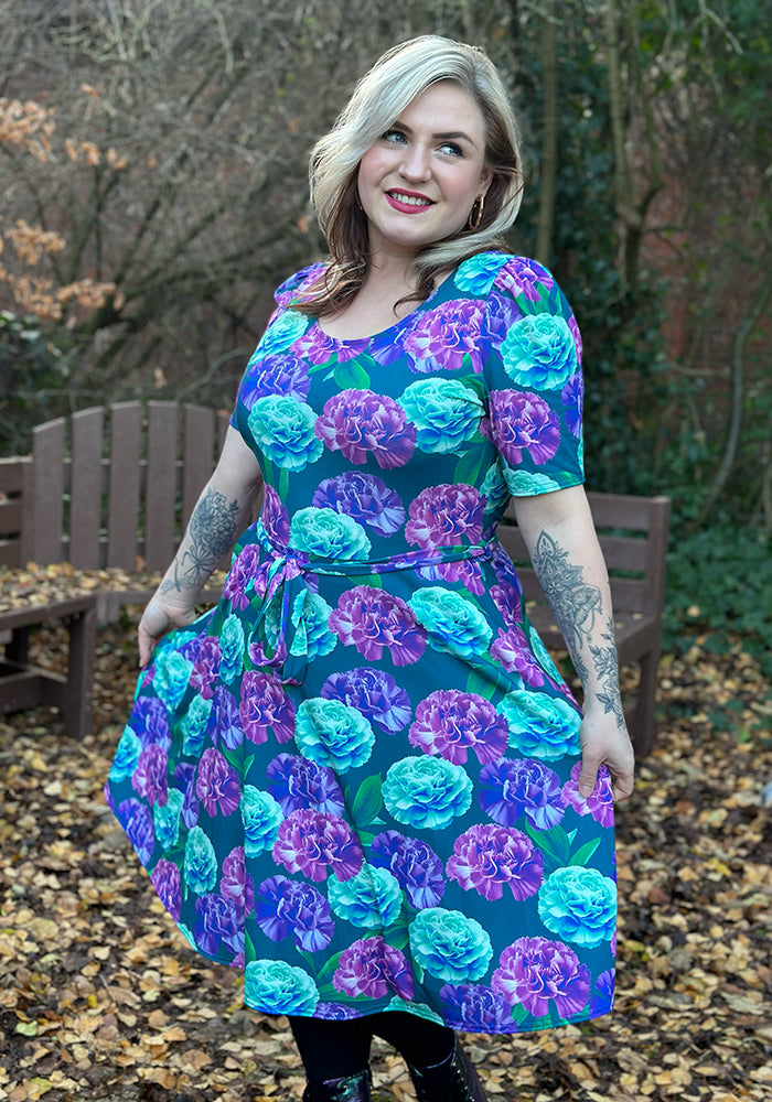 Third angle of January Carnation Birth Flower Print Jersey Dress