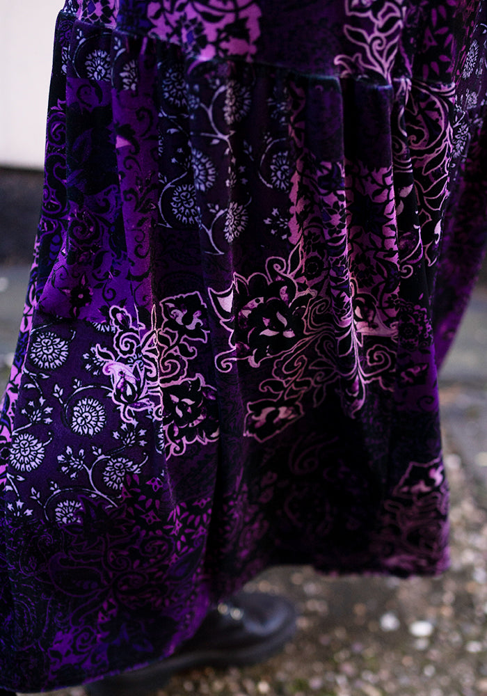 Jazmin Velour Plum Patchwork Paisley Print Tiered Hem Midaxi Dress