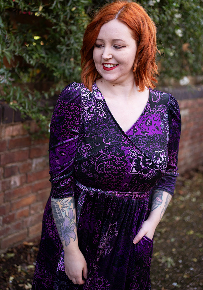 Jazmin Velour Plum Patchwork Paisley Print Tiered Hem Midaxi Dress