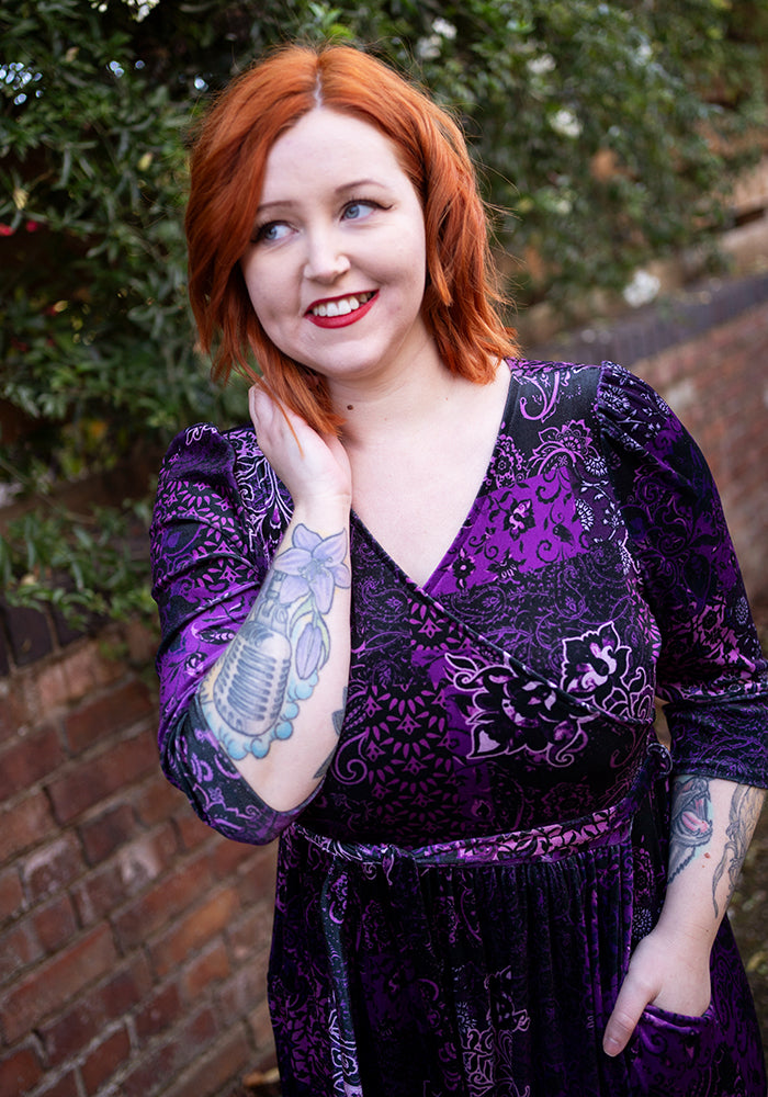 Jazmin Velour Plum Patchwork Paisley Print Tiered Hem Midaxi Dress
