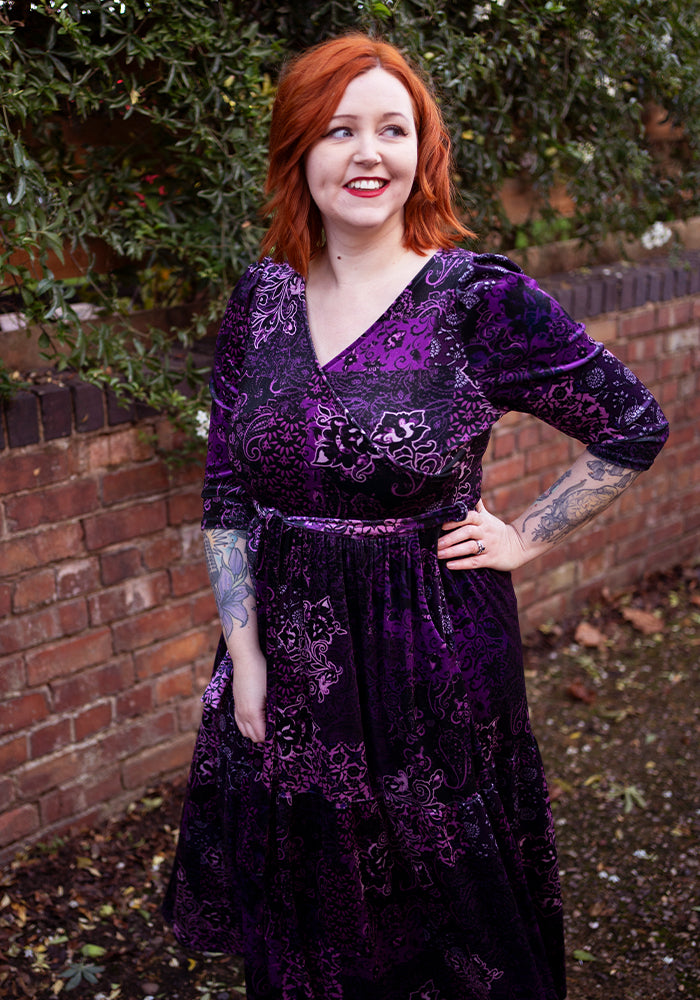 Jazmin Velour Plum Patchwork Paisley Print Tiered Hem Midaxi Dress