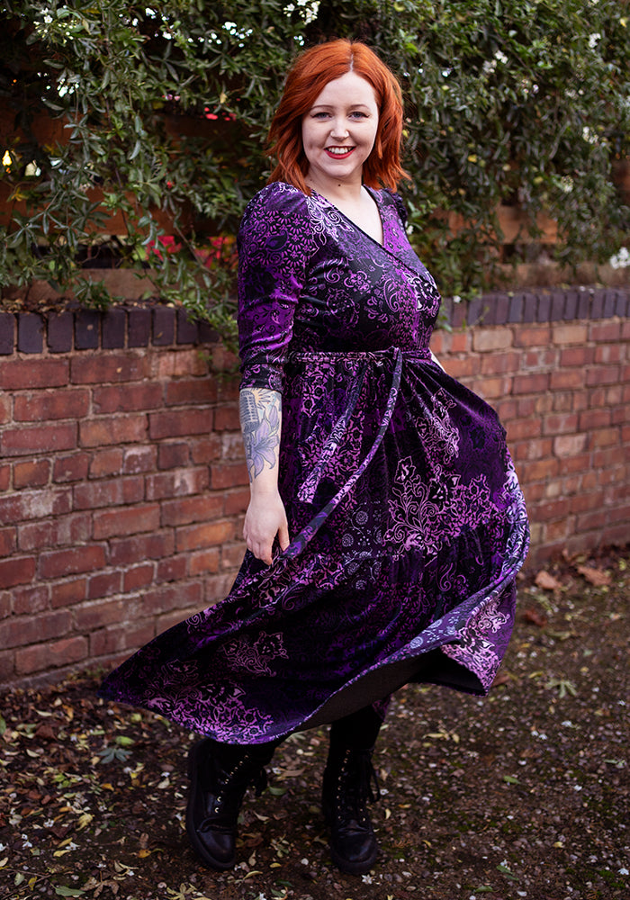 Jazmin Velour Plum Patchwork Paisley Print Tiered Hem Midaxi Dress