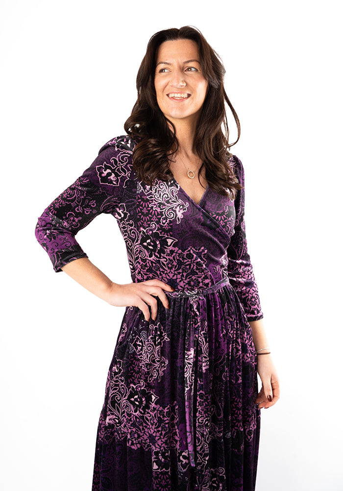 Jazmin Velour Plum Patchwork Paisley Print Tiered Hem Midaxi Dress