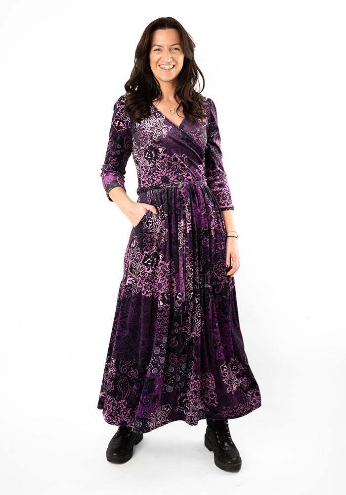 Jazmin Velour Plum Patchwork Paisley Print Tiered Hem Midaxi Dress
