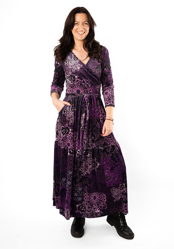Jazmin Velour Plum Patchwork Paisley Print Tiered Hem Midaxi Dress