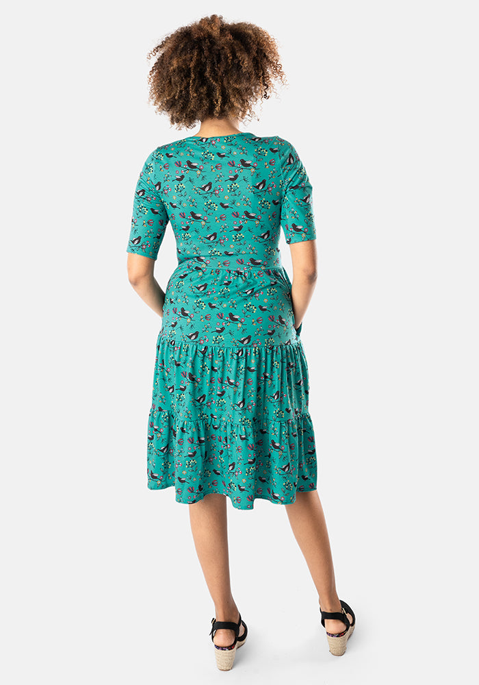 Jeanie Bird Song Print Tiered Hem Dress