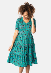 Jeanie Bird Song Print Tiered Hem Dress