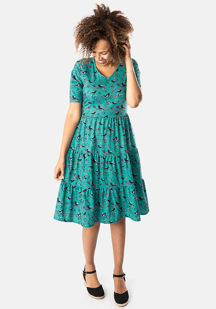 Jeanie Bird Song Print Tiered Hem Dress