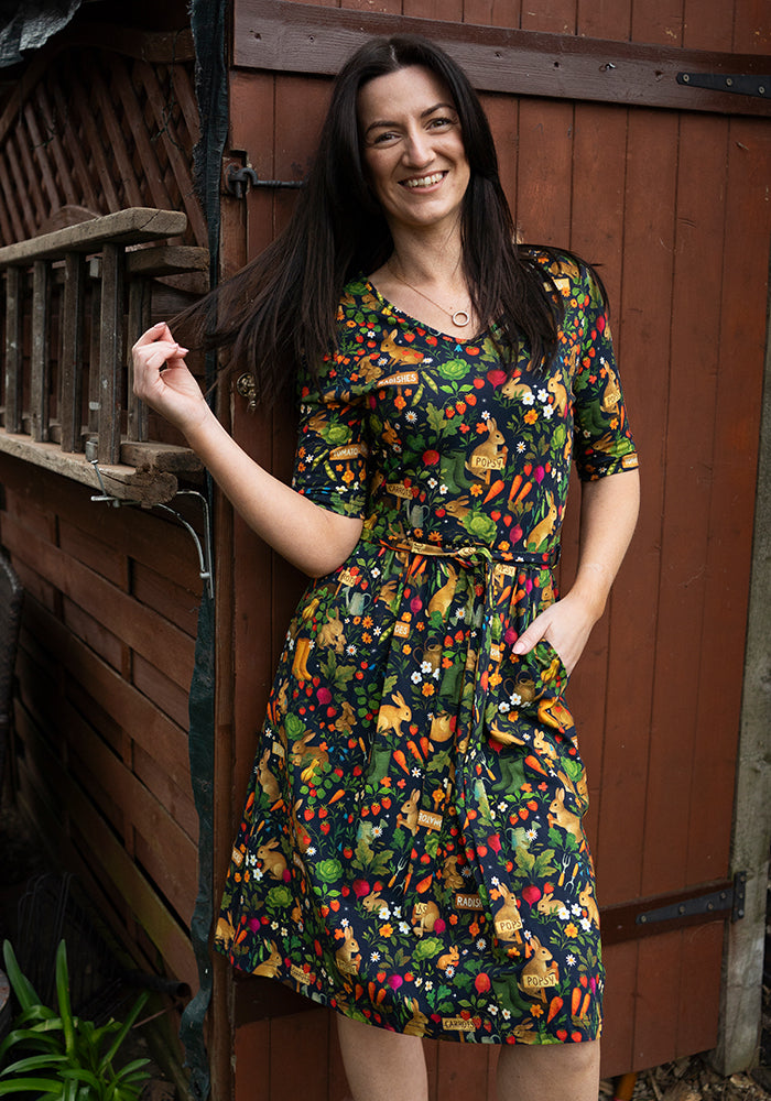 Front view of Jeanne Rabbit Garden Print Cotton Dress