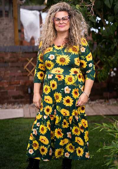 Jemima Green Sunflower Print Cotton Midi Dress