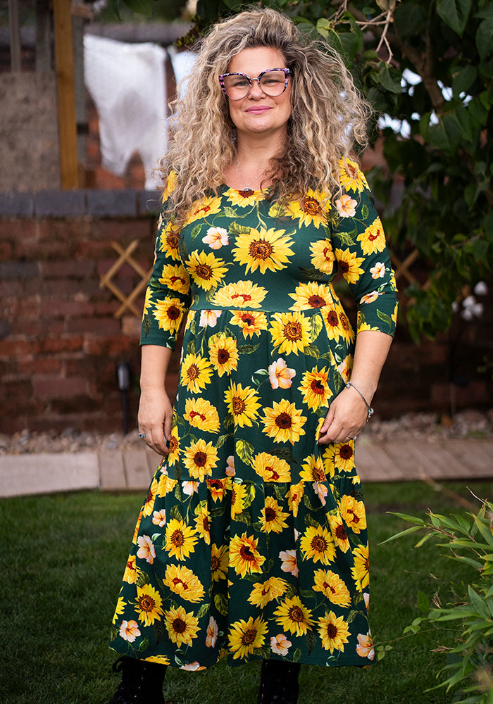 Jemima Green Sunflower Print Cotton Midi Dress