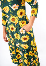 Jemima Green Sunflower Print Cotton Midi Dress