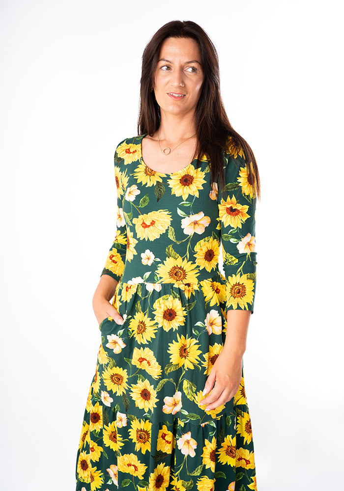 Jemima Green Sunflower Print Cotton Midi Dress