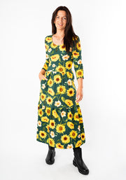 Jemima Green Sunflower Print Cotton Midi Dress