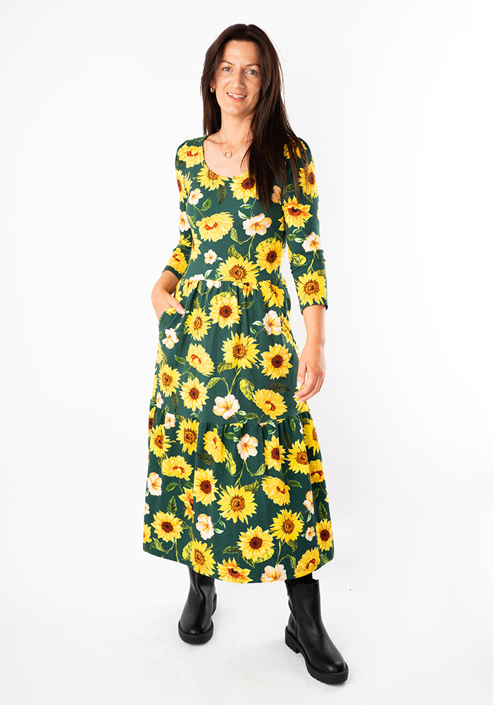 Jemima Green Sunflower Print Cotton Midi Dress