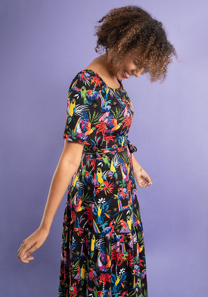 Jena Rainbow Parrots Print Tiered Hem Midi Dress