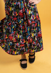 Jena Rainbow Parrots Print Tiered Hem Midi Dress