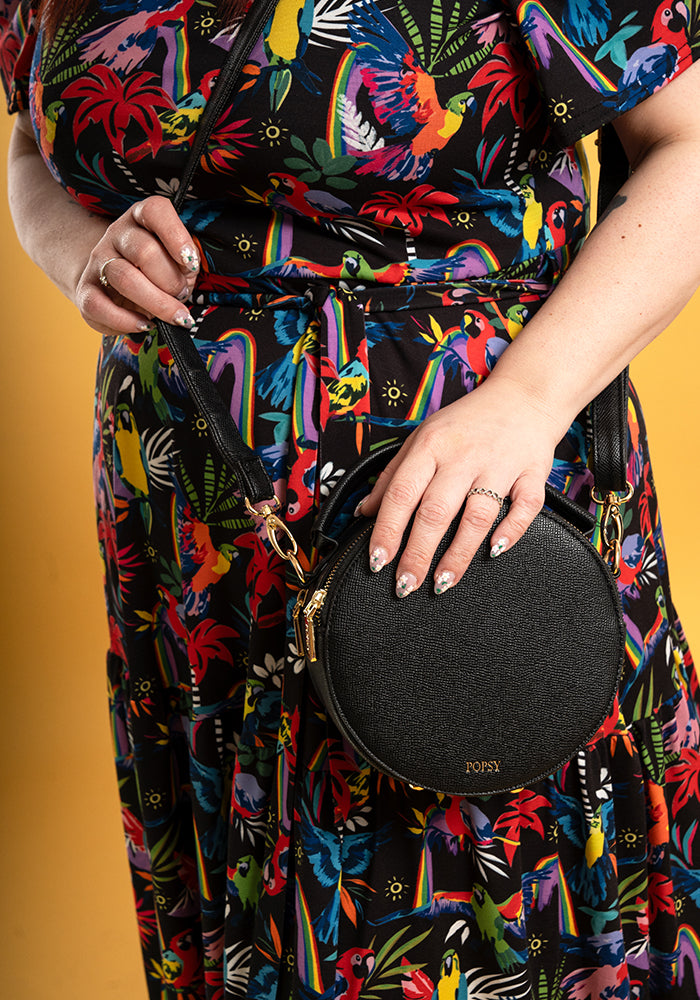 Jena Rainbow Parrots Print Tiered Hem Midi Dress