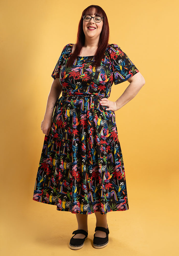 Jena Rainbow Parrots Print Tiered Hem Midi Dress