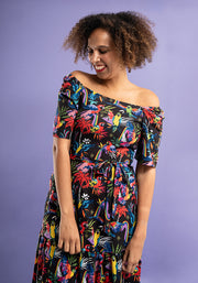 Jena Rainbow Parrots Print Tiered Hem Midi Dress