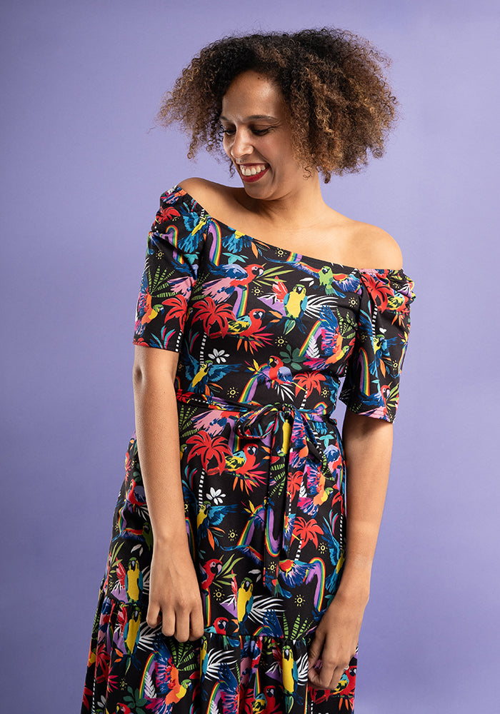 Jena Rainbow Parrots Print Tiered Hem Midi Dress
